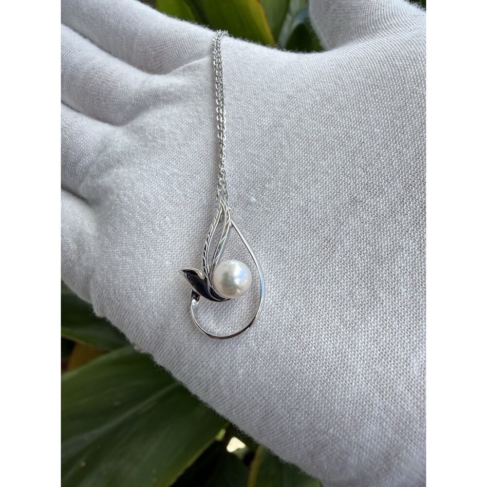 Mikimoto Akoya Pearl Leaf Feather Pendant Necklace Sterling Silver 925